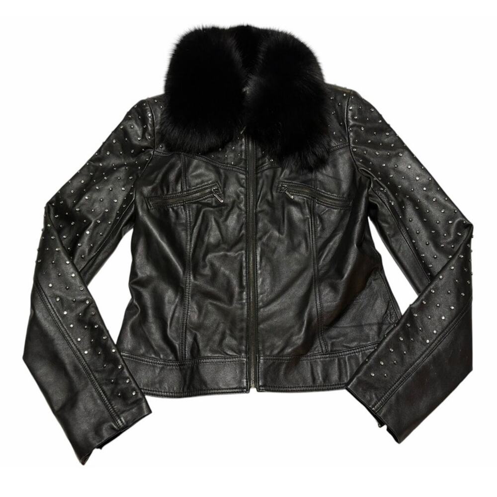 Cache Vintage Black Leather Jacket Zip Front Silver Studs Fur Collar size 6